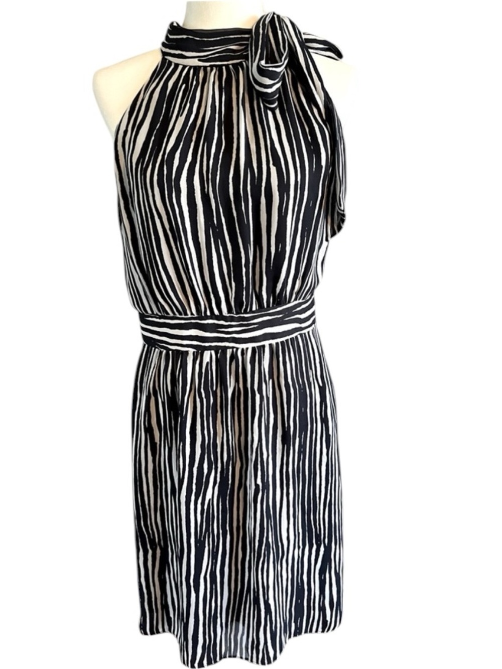Banana Republic Black and White Striped Halter Tie Neck Dress Size 12